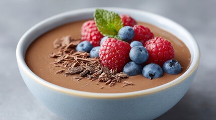 Close up of chocolate mousse topped with fresh raspberries blueberries mint and chocolate shavings in a bowl
