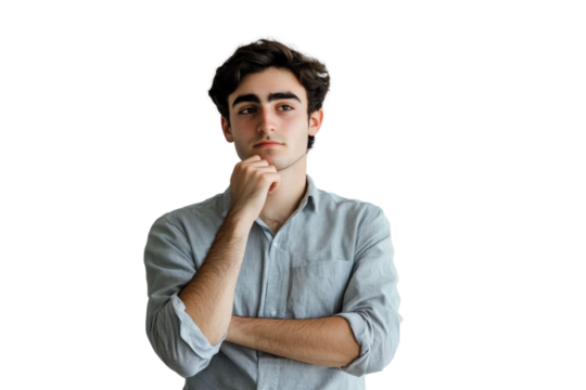 A young man stands thoughtfully with his hand on his chin against a white background PNG
