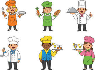 Cartoon chef and waiter characters, colorful culinary staff illustration, restaurant team graphic, food service professionals, kitchen workers, vector cooking scene