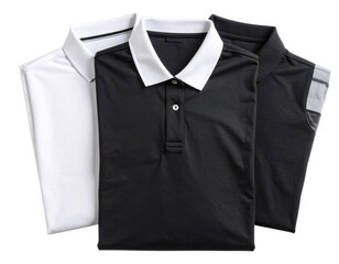  Folded Black and White Polo Shirt Flat Lay, Isolated on Transparent Background.