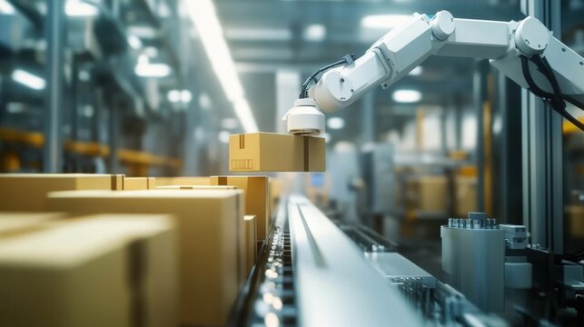 A robot arm operates with precision on a production line- moving boxes in a modern factory setting- symbolizing automation and efficiency.