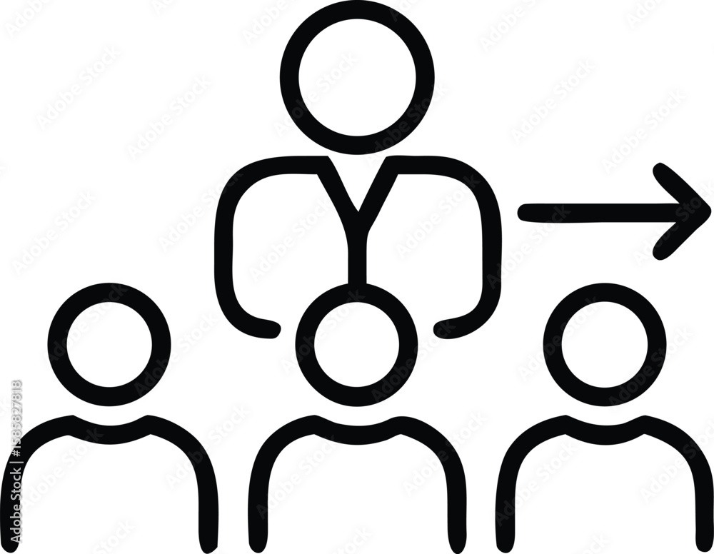 Poster outline icon showing leader leading team with arrow pointing right for guidance
