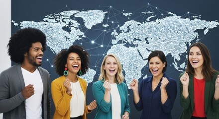 A diverse group of people celebrating with their fists raised in the air in front of a world map.