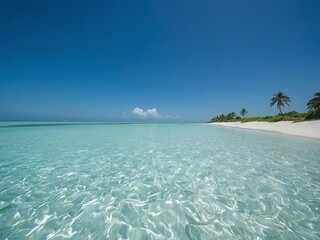 Tropical ocean view presents crystal clear water and a white sand beach on a serene sunny day.