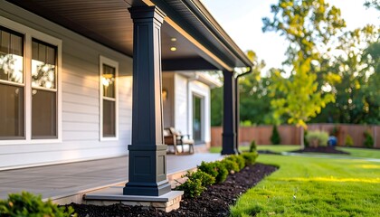 Fototapeta premium Home porch with dark pillars and landscaping