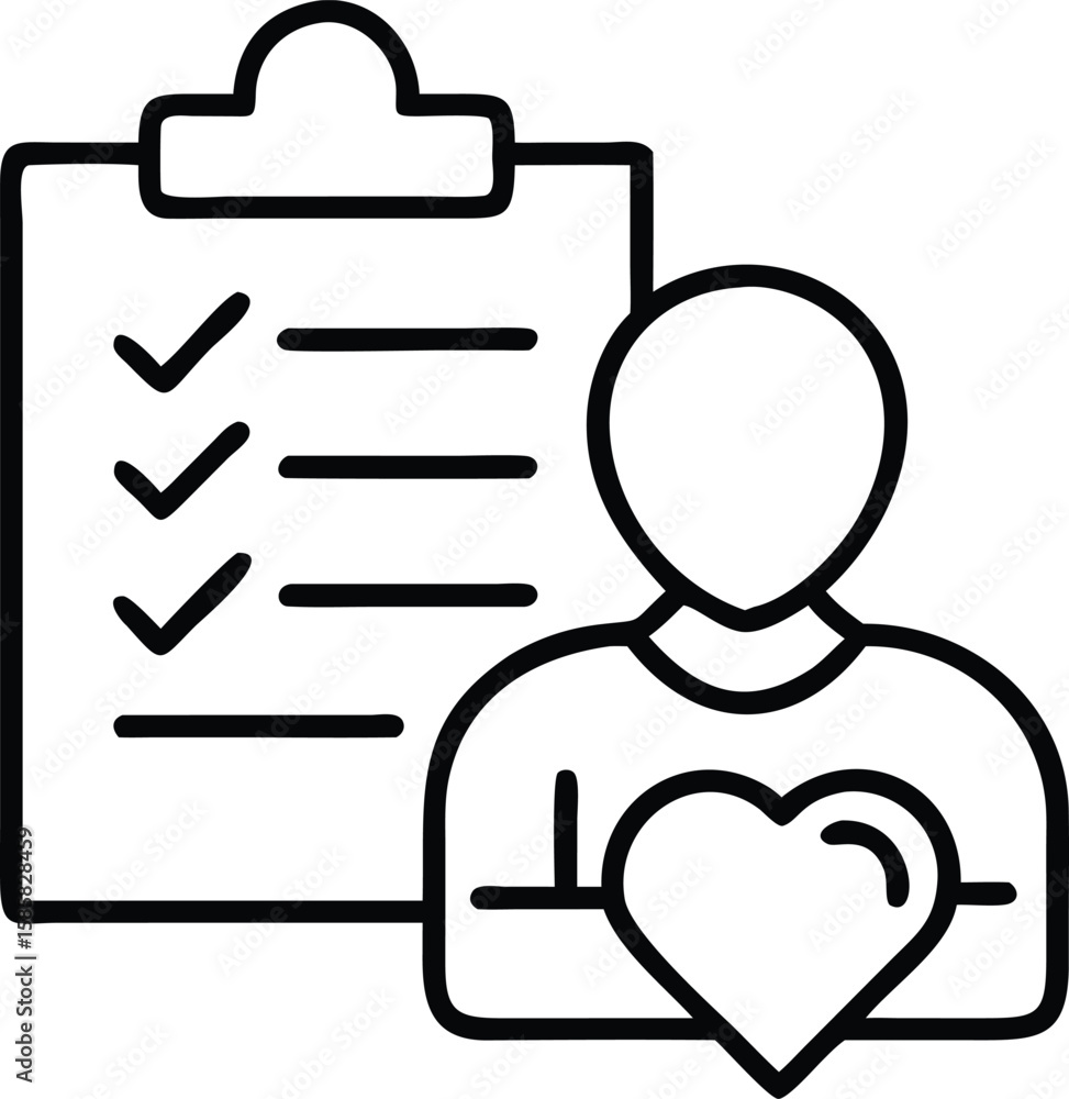 Poster outline illustration featuring checklist with checkmarks and figure with heart emblem in flat design