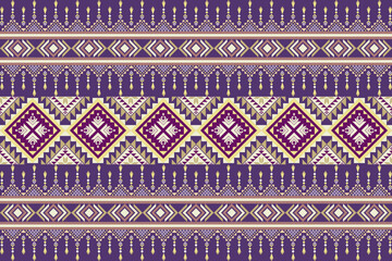 Tribal geometric fabric patterns, mainly dark purple, contrasting with light yellow and cream, give a sense of exquisite handicrafts and cultural identity. Use sarongs, jackets, curtains, graphics.