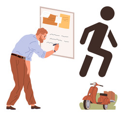 Man writes on a board with notes, a bold runner figure symbolizes movement, red scooter carries boxes. Ideal for planning, strategy, progress, teamwork, delivery, logistics simple flat metaphor