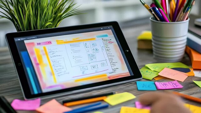 Designing a website mockup on tablet with pencils, books, and notes on a wooden table