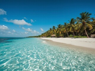 Pristine sandy beach with turquoise ocean water and tall palm trees on a sunny day create a tropical paradise.