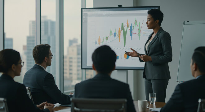 A diverse team listens as a colleague presents financial data and analytics using a digital screen in a high-rise office.