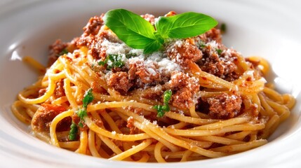 Spaghetti bolognese in white bowl, rich meat sauce and grated parmesan, detailed texture