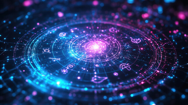 a mystical zodiac wheel surrounded by glowing astrological symbols and soft cosmic light, perfect for spiritual social media posts