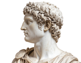Bust of Roman Marble Emperor with Laurel Wreath, Side Angle, Isolated PNG.