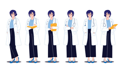 Confident And Skilled Female Doctor Character In Various Poses and Face Expressions, Showcasing Professionalism, Compassion, And Expertise In The Medical Field. Cartoon People Vector Illustration