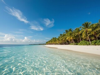 Tranquil turquoise ocean laps against a pristine white sand beach lined with swaying palm trees on a sunny tropical day.
