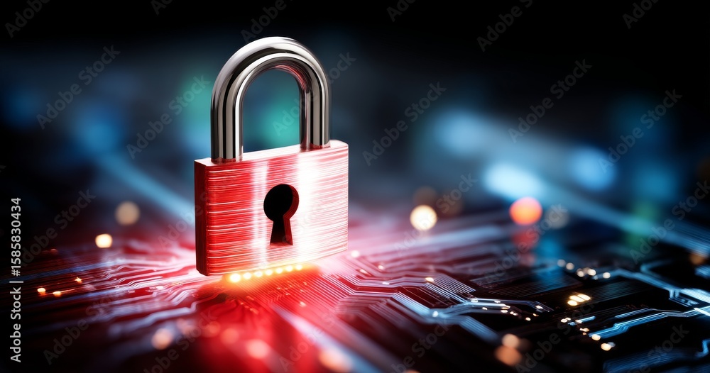 Poster digital lock symbol above circuit board with glowing lights in electronic background