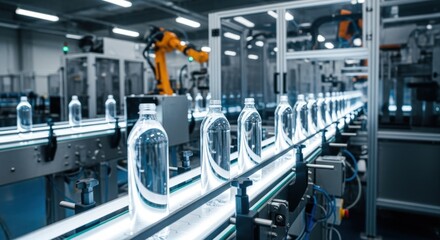 Naklejka premium Factory automation featuring transparent water bottles gliding on a brightly lit production conveyor.