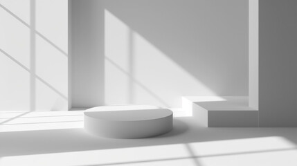 Minimalist interior in contemporary style with a white rectangular podium set against plain geometric walls. The scene uses soft grays, sharp lines, and angled light creating subtle shadows and depth.