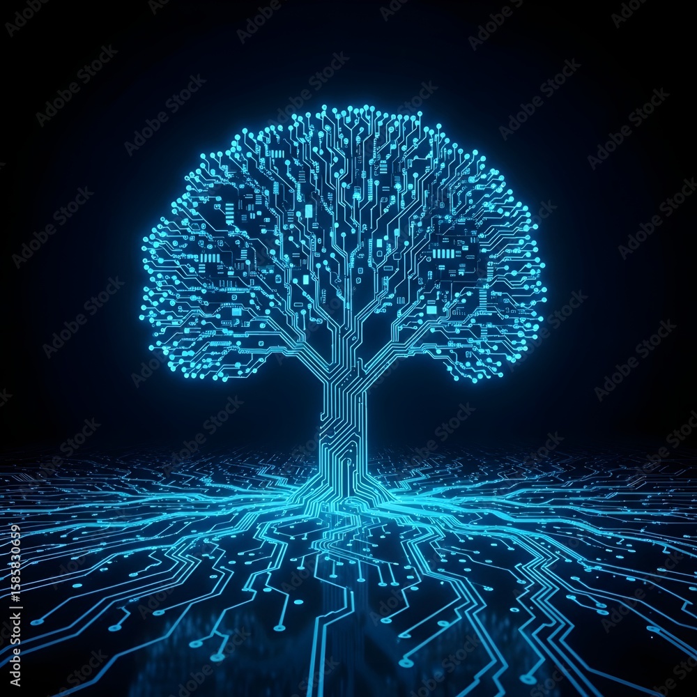 Poster a glowing tree composed of circuit boards and digital networks illuminates the darkness, representin