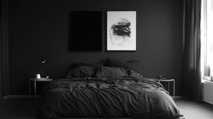 Modern minimalist bedroom interior with black walls and framed art prints