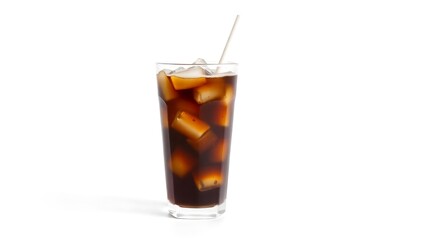 Classic iced Americano in transparent cup with straw, visible ice cubes, clean white background, promo-ready