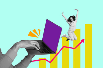 3d full image poster artwork collage of happy businessman businesswoman walk chart arrow...