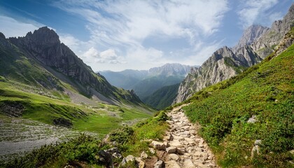 rocky trail through green mountains with dramatic cliffs and distant peaks