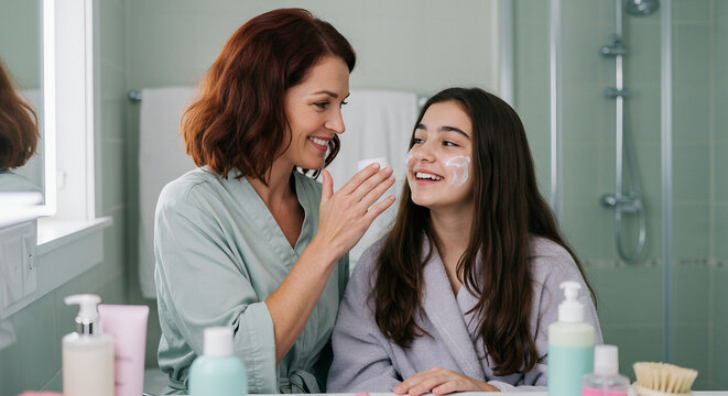 A cheerful mother and daughter enjoy their morning skincare routine, laughing and connecting in a cozy bathroom. - Powered by Adobe