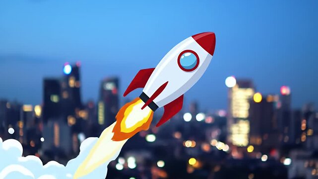 Pixelated Rocket Launching Into the Night Sky with City Lights on the Background in Digital Art