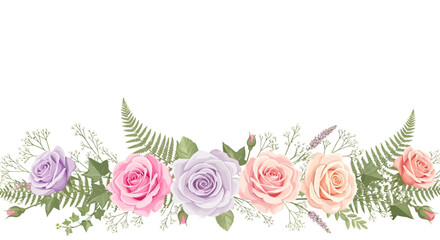 Elegant Floral Border with Pastel Roses, Ferns, and Baby's Breath Accents