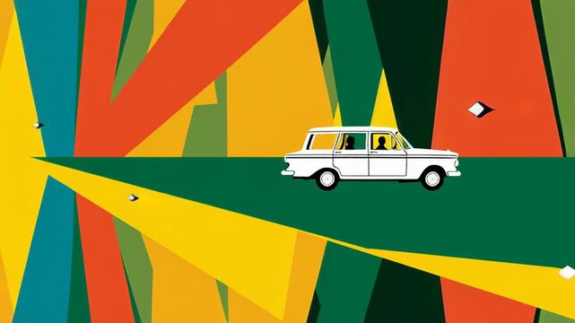 Retro car journey vibrant abstract patterns