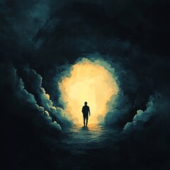 Journey through the light a figure emerges from the darkness in an ethereal cave illuminating hope and transformation