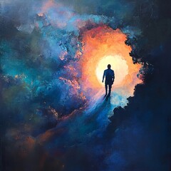 Journey through the light a solitary figure moves toward hope in an abstract universe evoking emotions of discovery and transformation