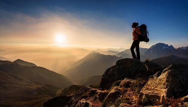 silhouette of a hiker with a backpack on a mountain ridge