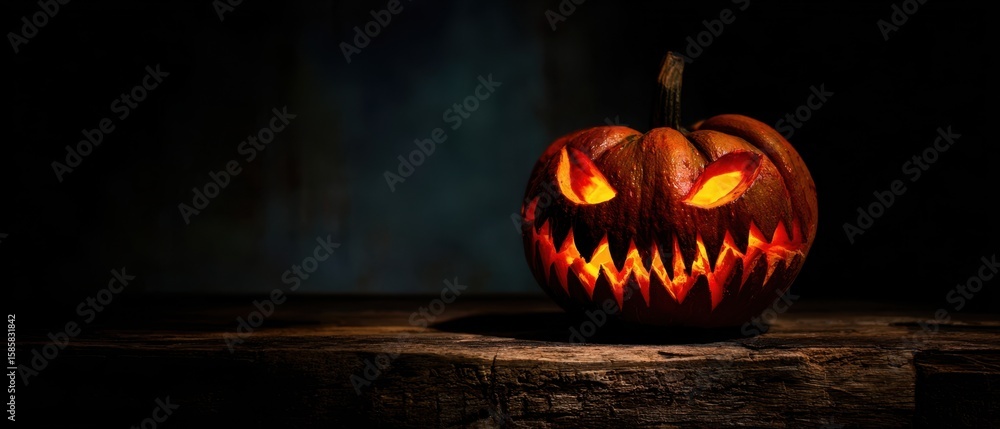 Poster the glowing jack-o'-lantern with menacing features casting shadows.