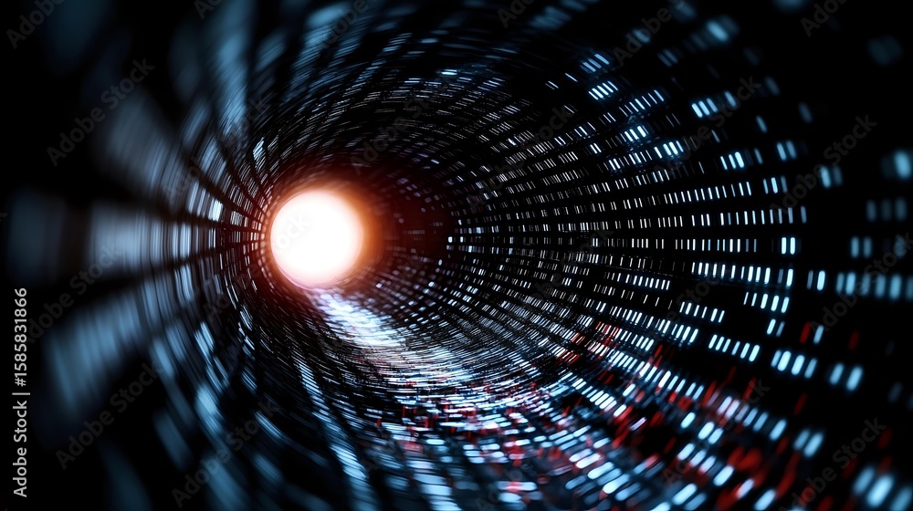 Poster digital tunnel with binary code and glowing light at end, abstract technology background representin