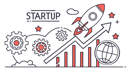 A dynamic illustration of a startup concept featuring a rocket, gears, and a growth chart, symbolizing innovation and expansion.