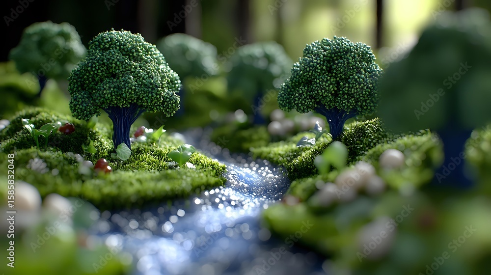 Poster miniature landscape with flowing stream between moss-covered hills and broccoli trees creating magic