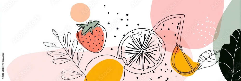 Poster abstract lineart featuring bold fruit illustrations with colorful shapes in a minimalist style for m