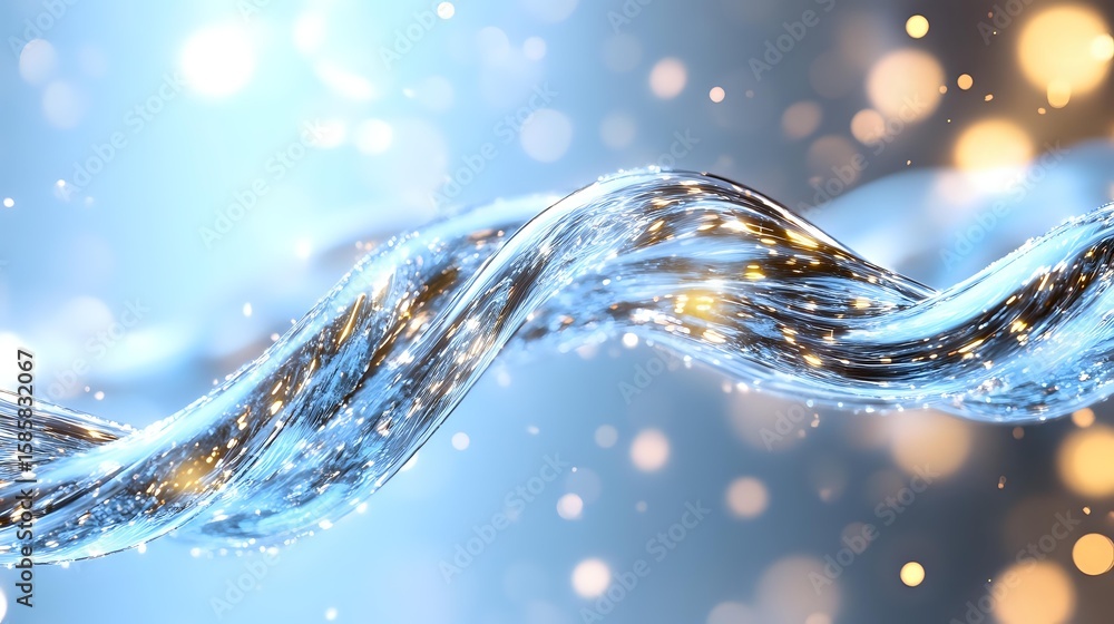 Poster flowing liquid wave with golden light particles and bokeh effect on blue background, dynamic water s