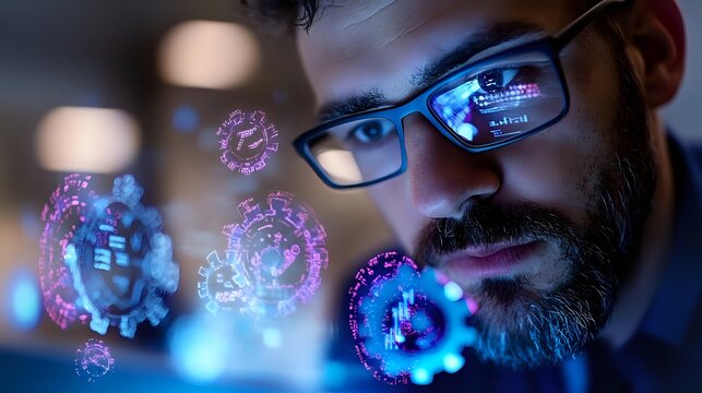 Caucasian bearded man in glasses examining glowing purple and blue virus cell models in augmented reality visualization for medical research and analysis.
