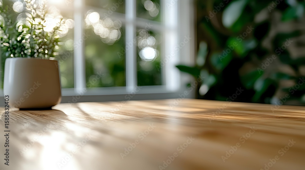 Aufkleber sunlit wooden table surface with soft natural light streaming through window, creating gentle shadow