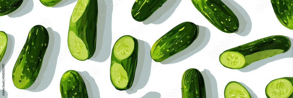 Poster pattern of cucumbers laid out in flat art with textured shadows highlighting the fresh produce in a 