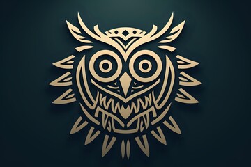 Obraz premium Golden owl emblem with tribal style design elements and geometric patterns on dark background, metallic effect logo symbol for branding and decoration.