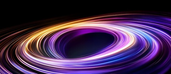 Vibrant spiral light trails in purple, gold and blue colors create dynamic motion effect against black background, abstract modern design for technology concepts.
