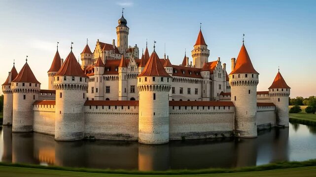 Fairytale castle sunset moat reflection; tourism