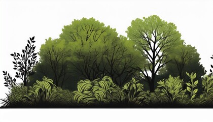 tree bush border with thick foliage isolated on a white background landscape silhouette for nature design