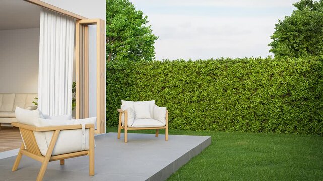 White living room with wood-framed glass doors open to garden. Modern house terrace 3d rendering.