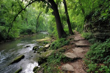 Obraz premium Serene riverside path winding through lush green trees and rocky terrain, showcasing nature's beauty